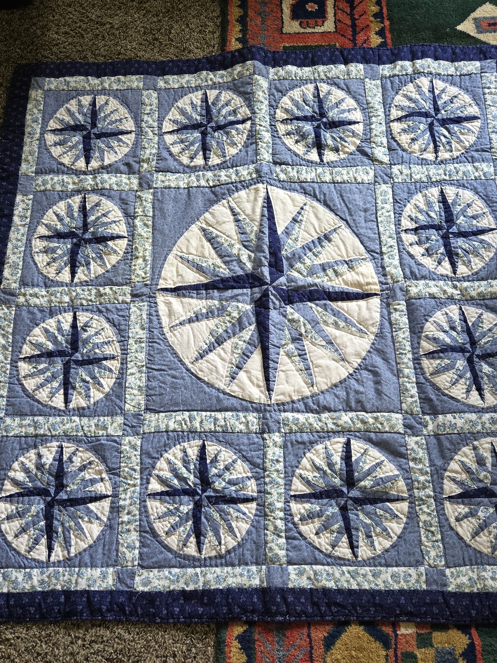Vintage Handmade Mariner's Compass Quilt Wall Hanging Baby Quilt 41.5" x 43"